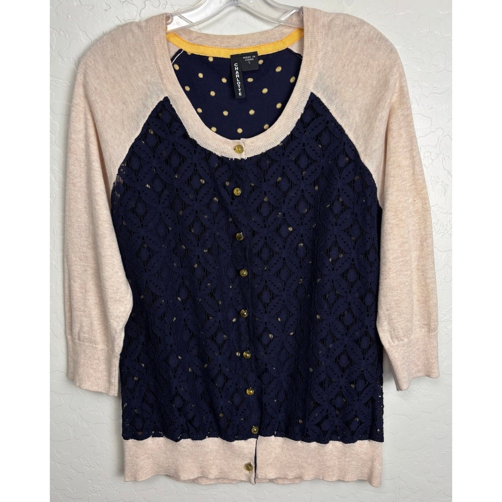 Anthropologie Charlotte Tarantola Lace Polka Dot Cardigan Buttons L Blue‎ 2020